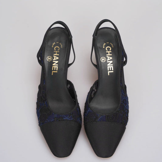 Chanel Lace Grosgrain Cap Toe CC Slingback Pumps Navy and Black 37