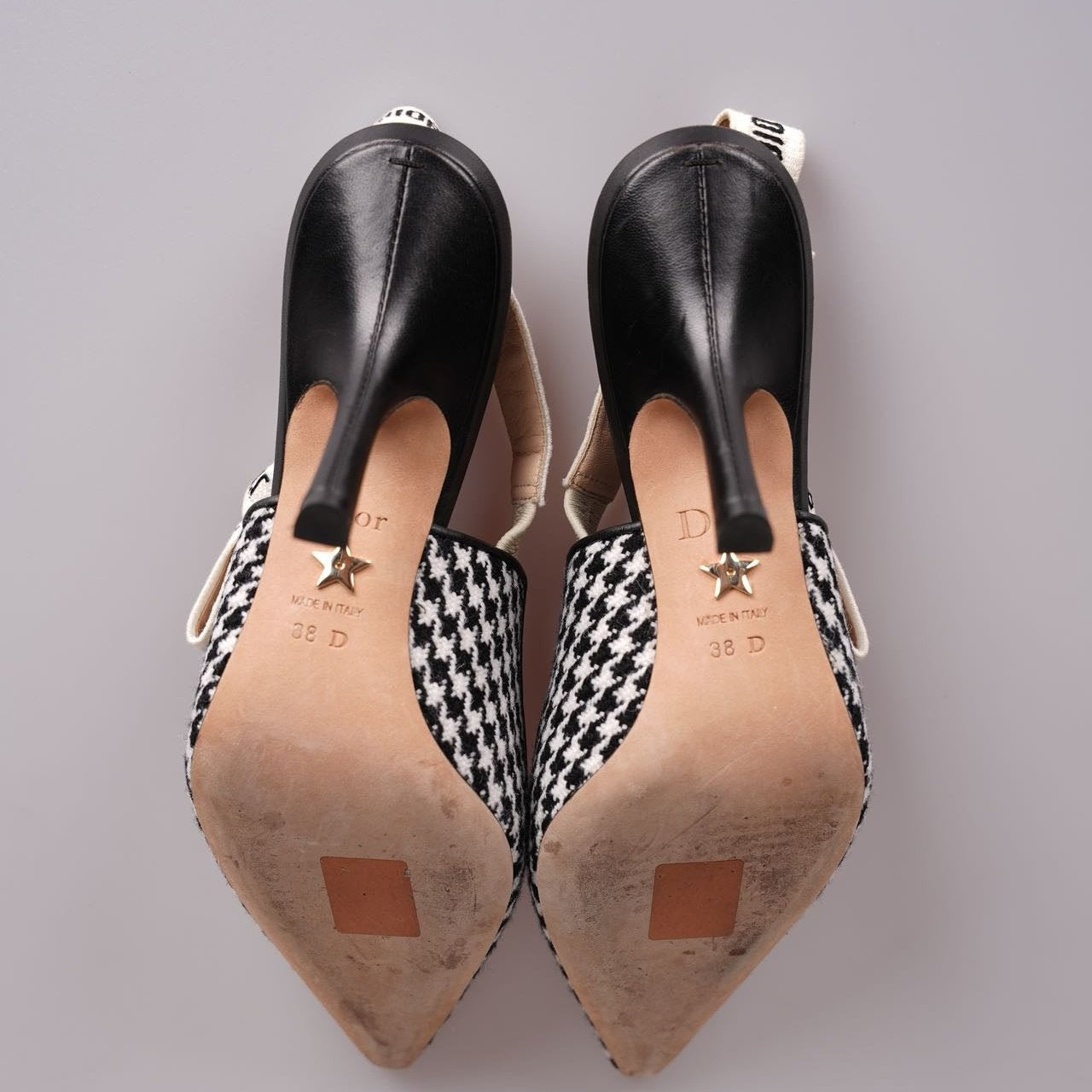 Christian Dior Wool Ribbon Houndstooth J'Adior Slingback 8cm Pumps 38D Black White