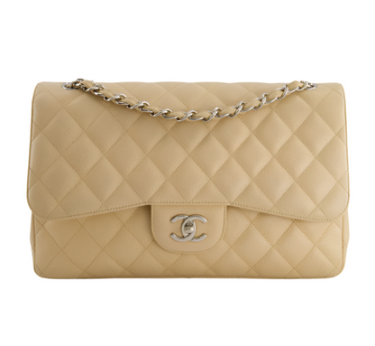 Chanel timeless Flap Bag Beige Jumbo size Caviar Leather with Silver Hardware