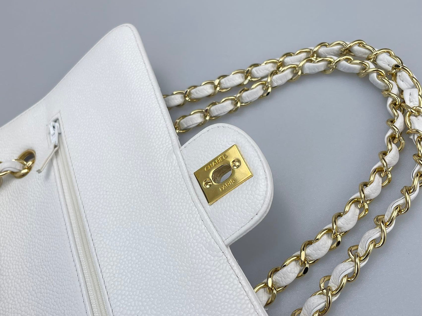 Chanel Medium White Classic Flap Bag in Caviar Leather with Gold Hardware