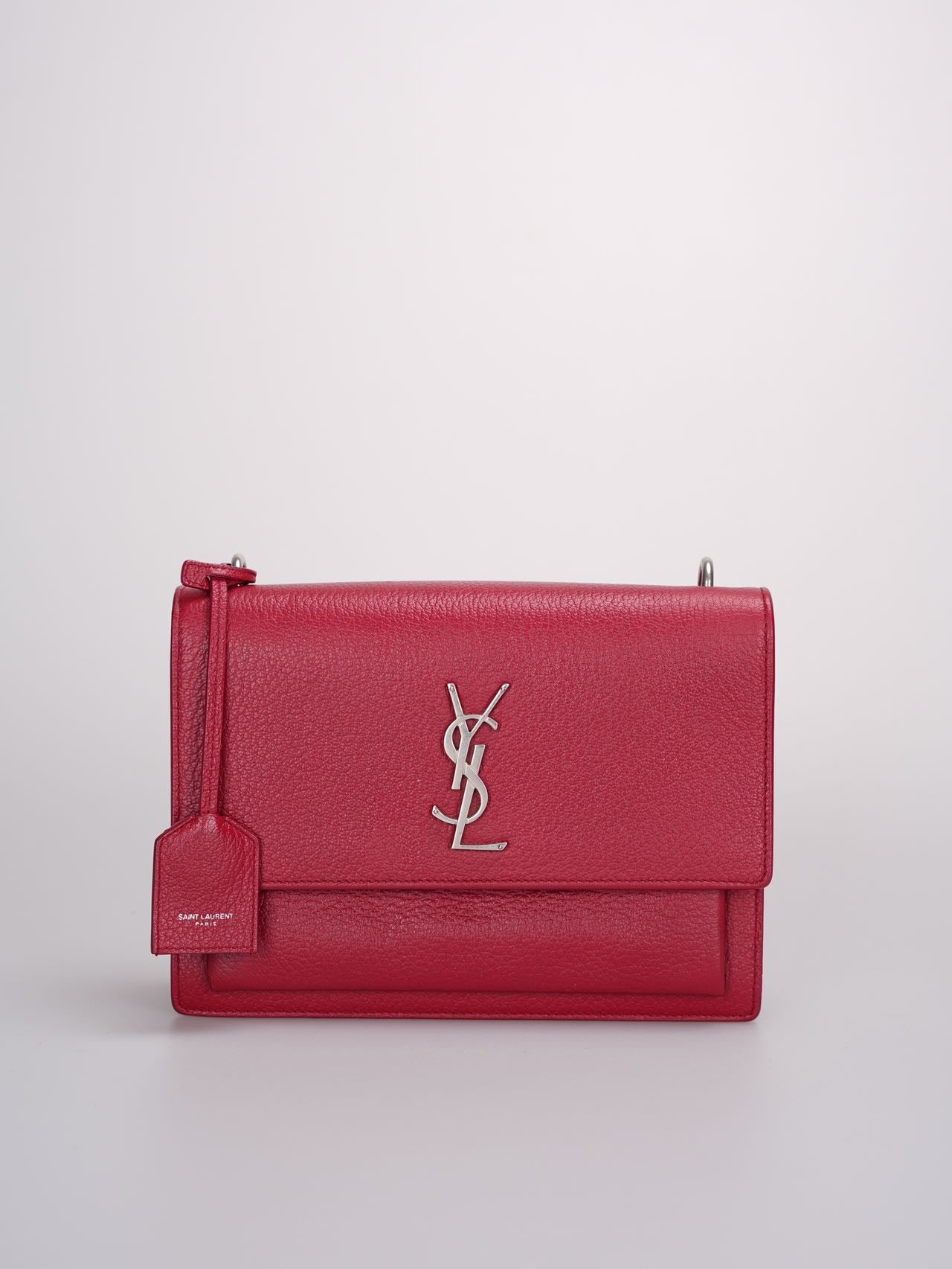 Saint Laurent Grained Calfskin Medium Monogram Sunset Bag in  Satchel Red