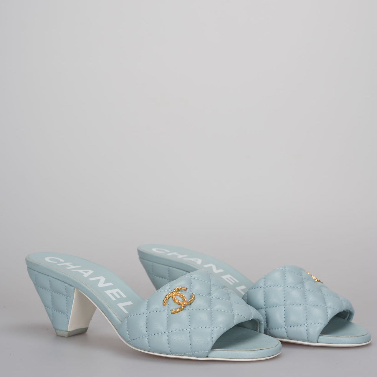 CHANEL Tiffany Blue Lambskin Quilted Textured CC Mules 38.5