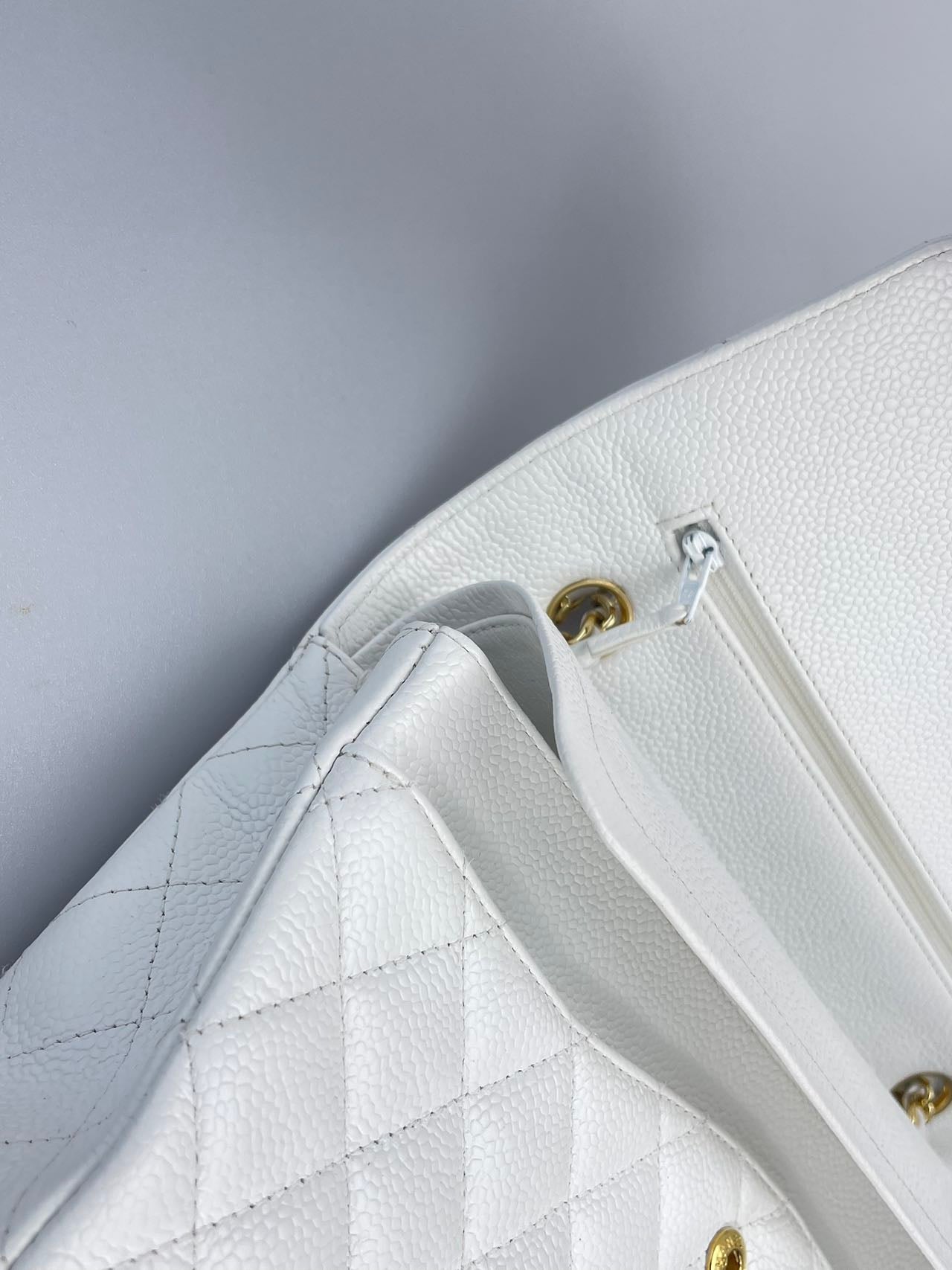 Chanel Medium White Classic Flap Bag in Caviar Leather with Gold Hardware