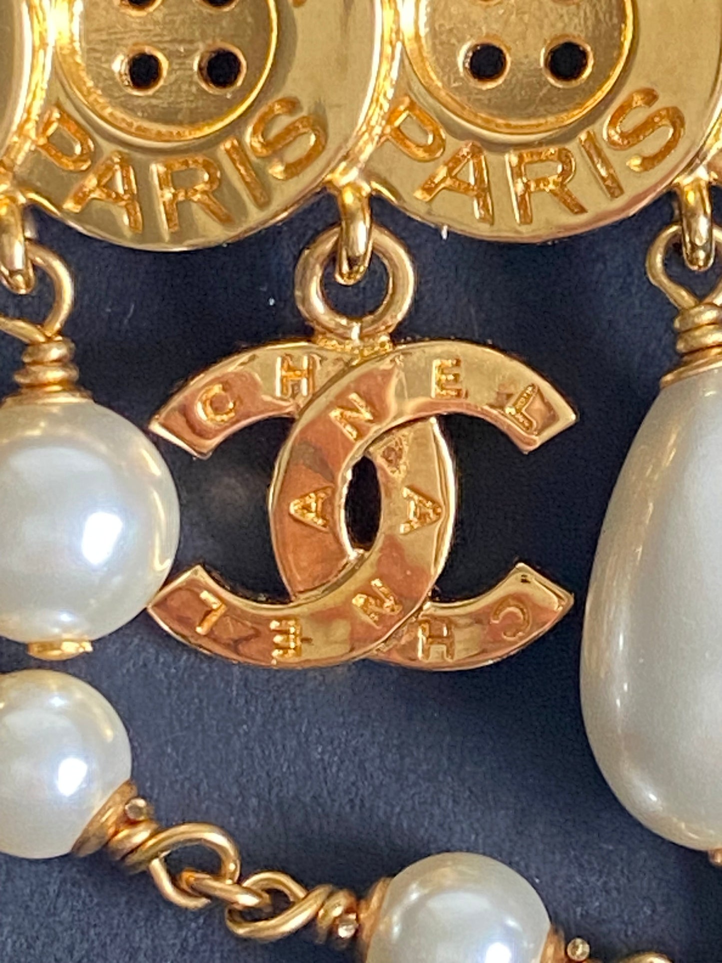 chanel button & pearls brooch