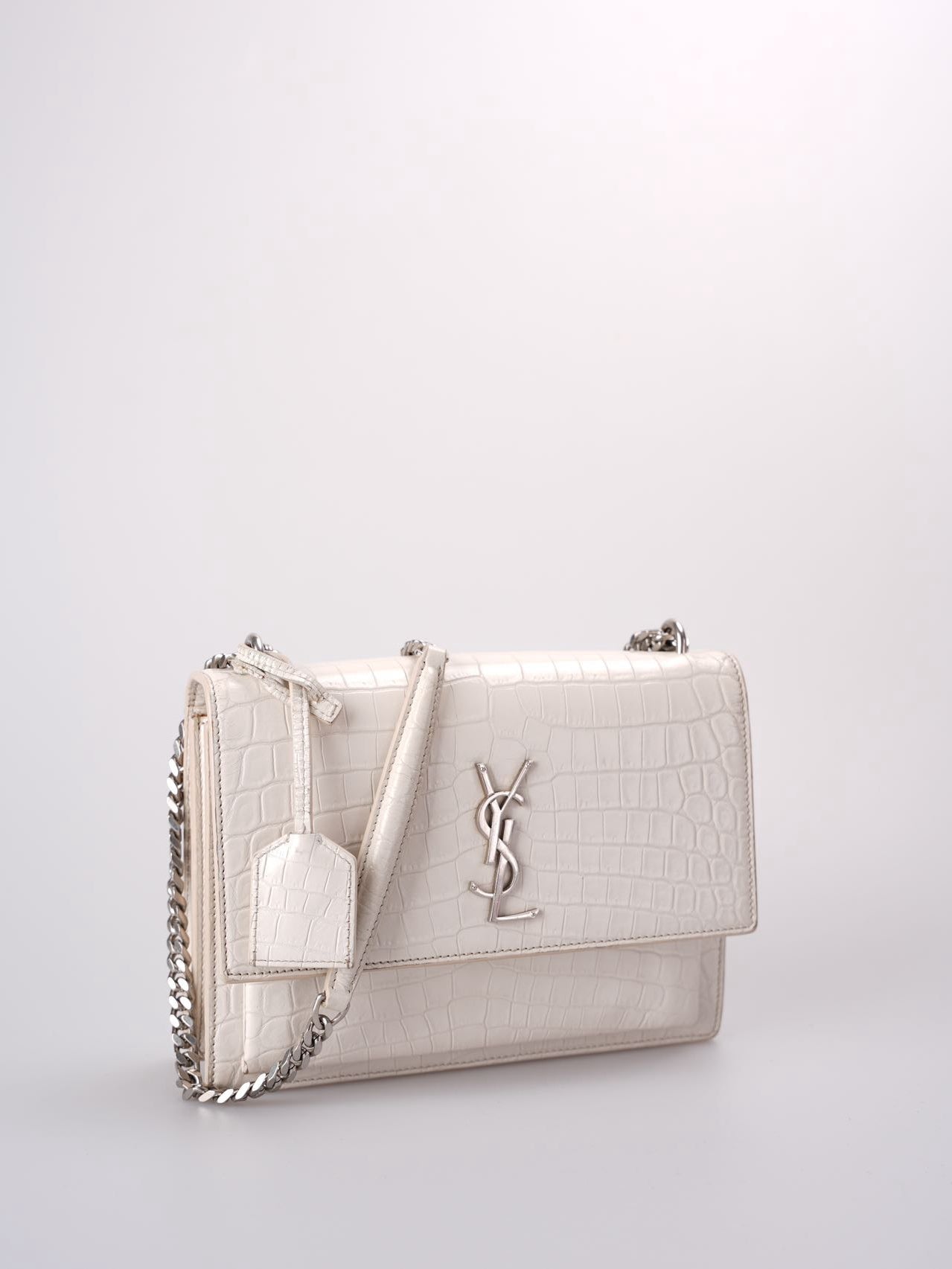 Saint Laurent YSL Sunset Medium Crocodile Embossed Leather Bag in Ivory