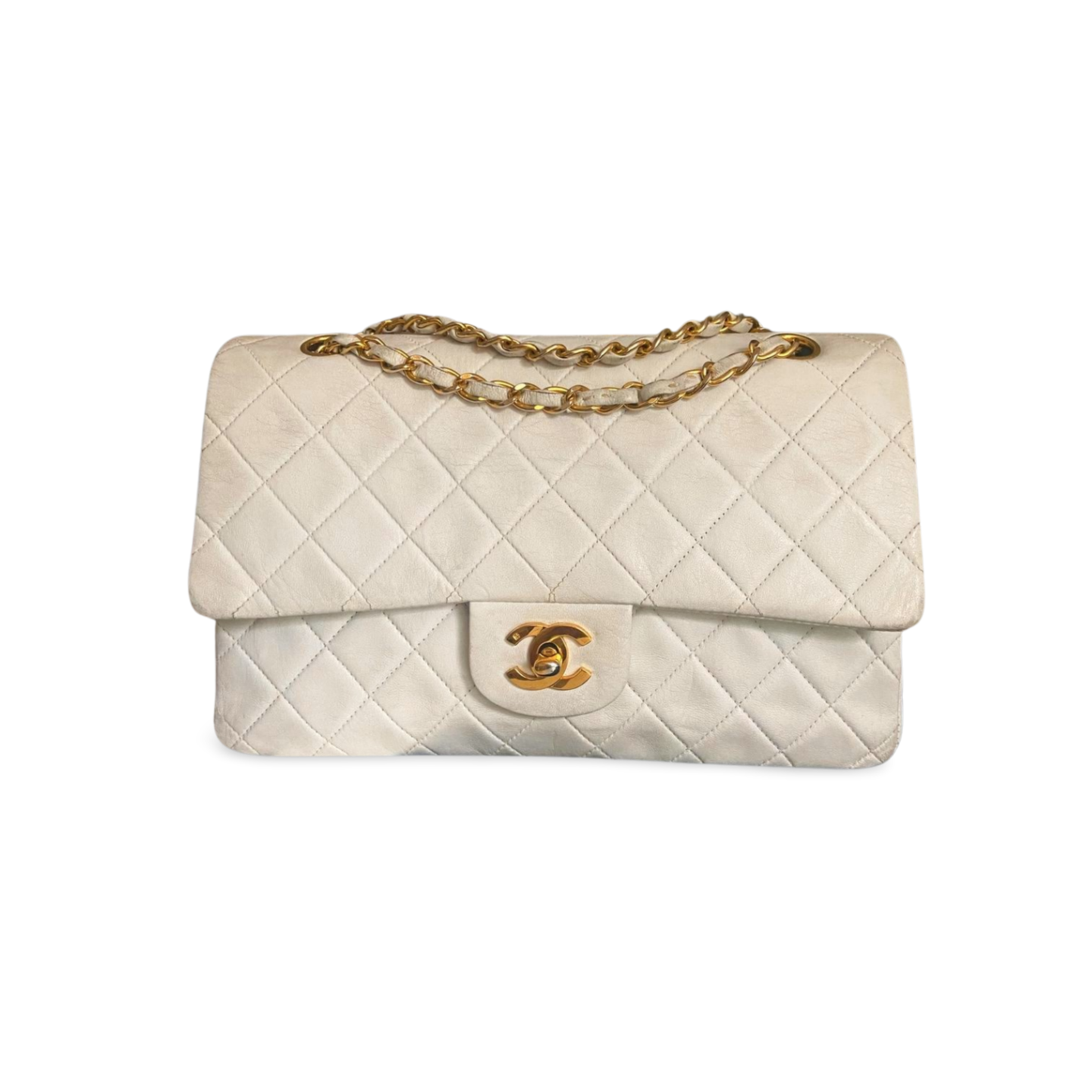 Chanel White Vintage Medium Classic Flap Bag in Lambskin Leather with  24K Gold Hardware