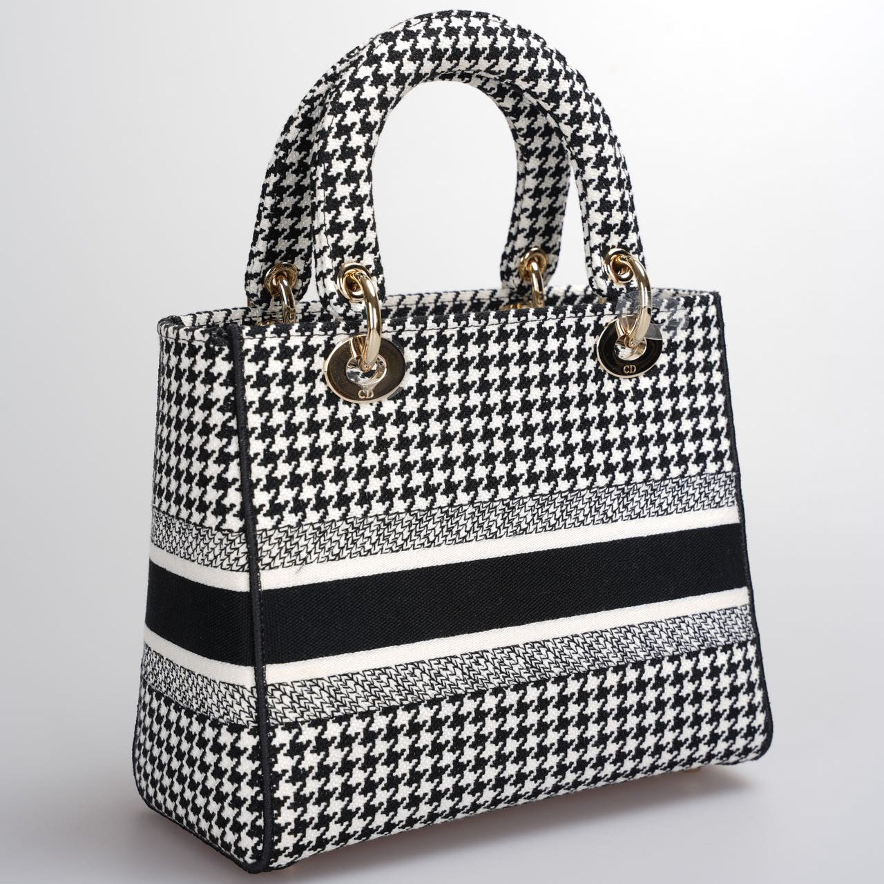 Christian Dior Black White Houndstooth Canvas Medium Lady D-Lite bag