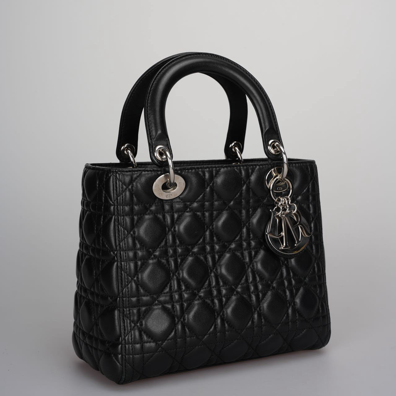 Christian Dior Black Medium Lady Dior Bag in Cannage Lambskin Leather with Silver Hardware