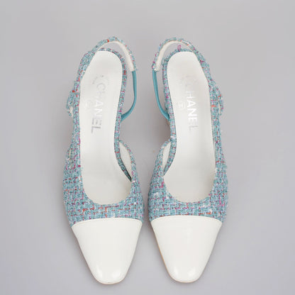 Chanel tweed slingback Tiffany blue pumps 38