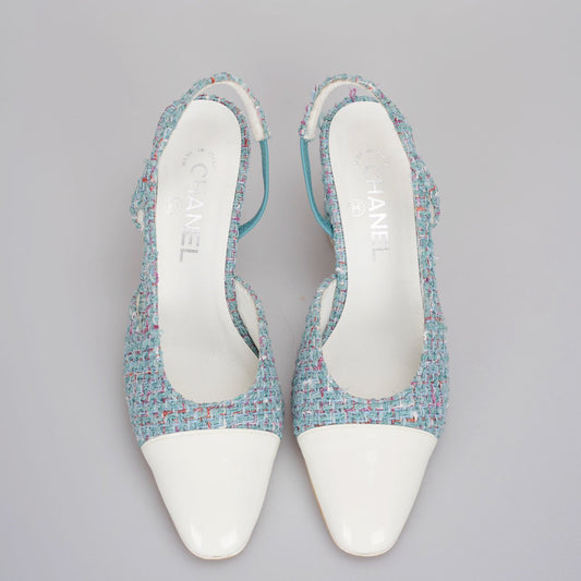 Chanel tweed slingback Tiffany blue pumps 38