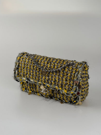 Chanel Tweed Braided Charms medium Flap Bag Yellow Grey Black