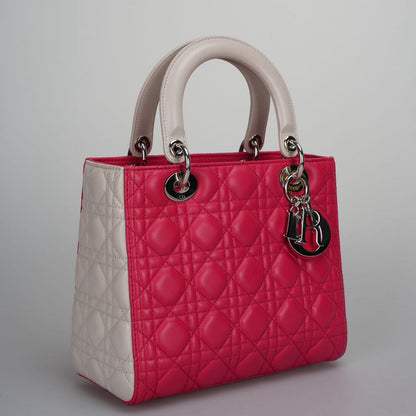 Christian Dior Lady Dior Bag Cannage Medium Hand Bag Lamb Skin Red White