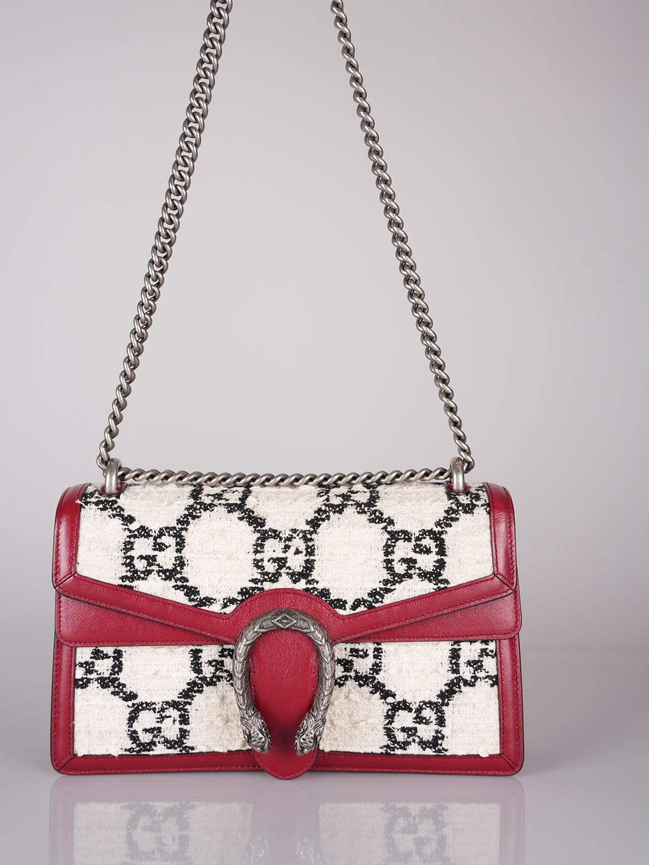 Gucci Tweed Monogram Small Dionysus Shoulder Bag in White/Black/Romantic Cherry