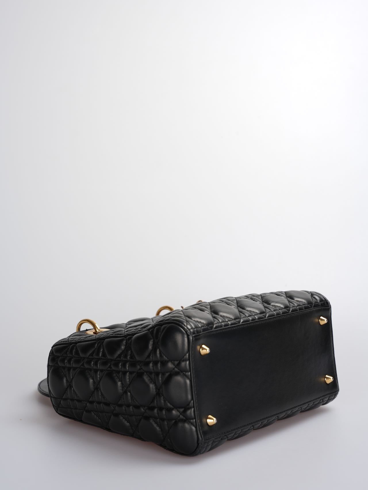 Christian Dior Black Medium Lady Dior Bag in Cannage Lambskin Leather with Gold Hardware