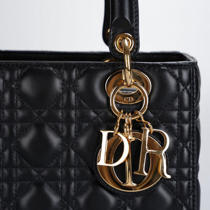 Christian Dior Black Medium Lady Dior Bag in Cannage Lambskin Leather with Gold Hardware