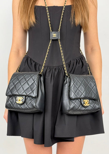 Chanel Lambskin Quilted Side Packs Black small double bag with pearls chain with cc logo