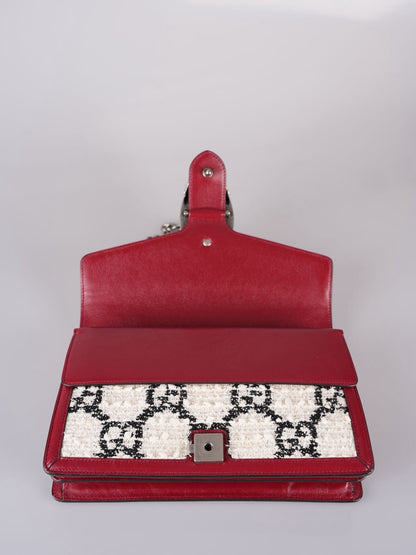 Gucci Tweed Monogram Small Dionysus Shoulder Bag in White/Black/Romantic Cherry