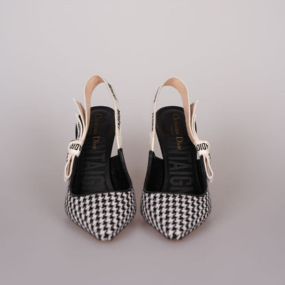 Christian Dior Wool Ribbon Houndstooth J'Adior Slingback 8cm Pumps 38D Black White