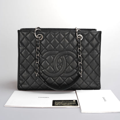 Chanel Black Quilted Caviar Leather GST Bag with Silver Hardware