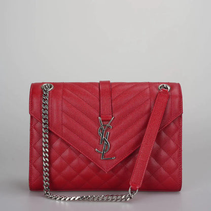 Saint Laurent Red Grain De Poudre Medium Envelope Shoulder Bag