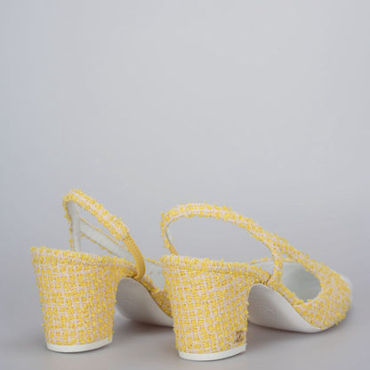 Chanel tweed slingback 39 light yellow pumps with CC logo