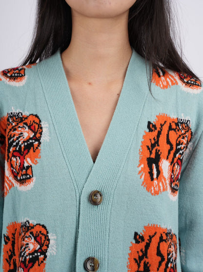 Gucci Tiger Jacquard Wool Cardigan light Blue