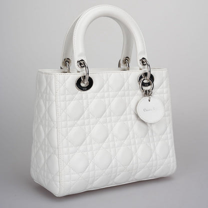 Christian Dior White Medium Lady Dior Bag in Cannage Lambskin Leather with Silver Hardware