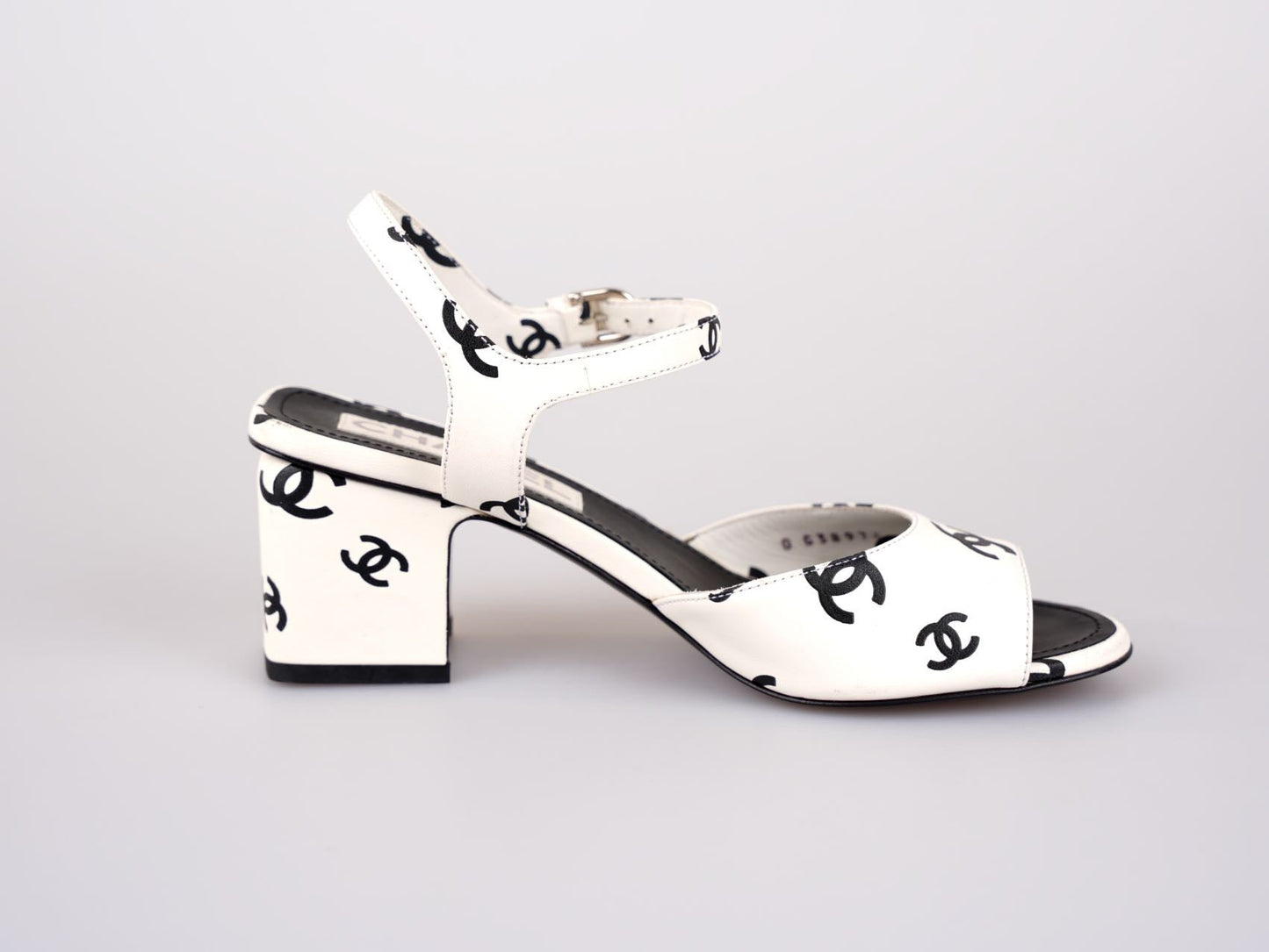 Chanel Printed Lambskin CC Platform Sandals White Black Size 37C