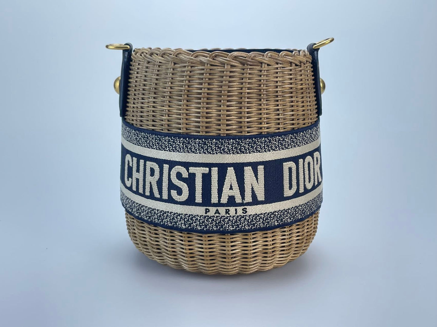 Dior Dioriviera Bucket Bag in Wicker and Blue Canvas With Gold Hardware