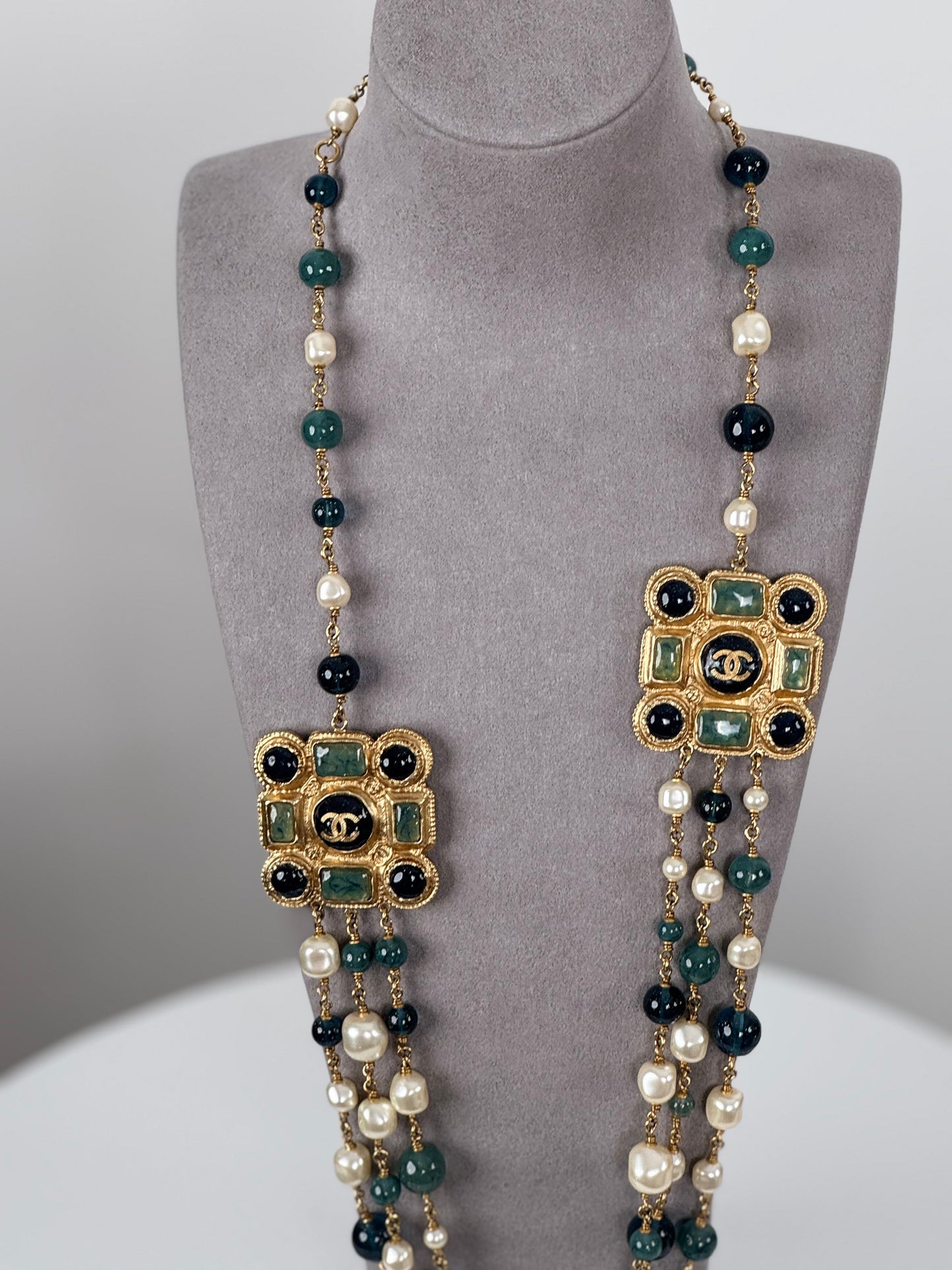 Chanel Blue and White Multi-Beads with Two Gold Cabochons Necklace from 2011 collection