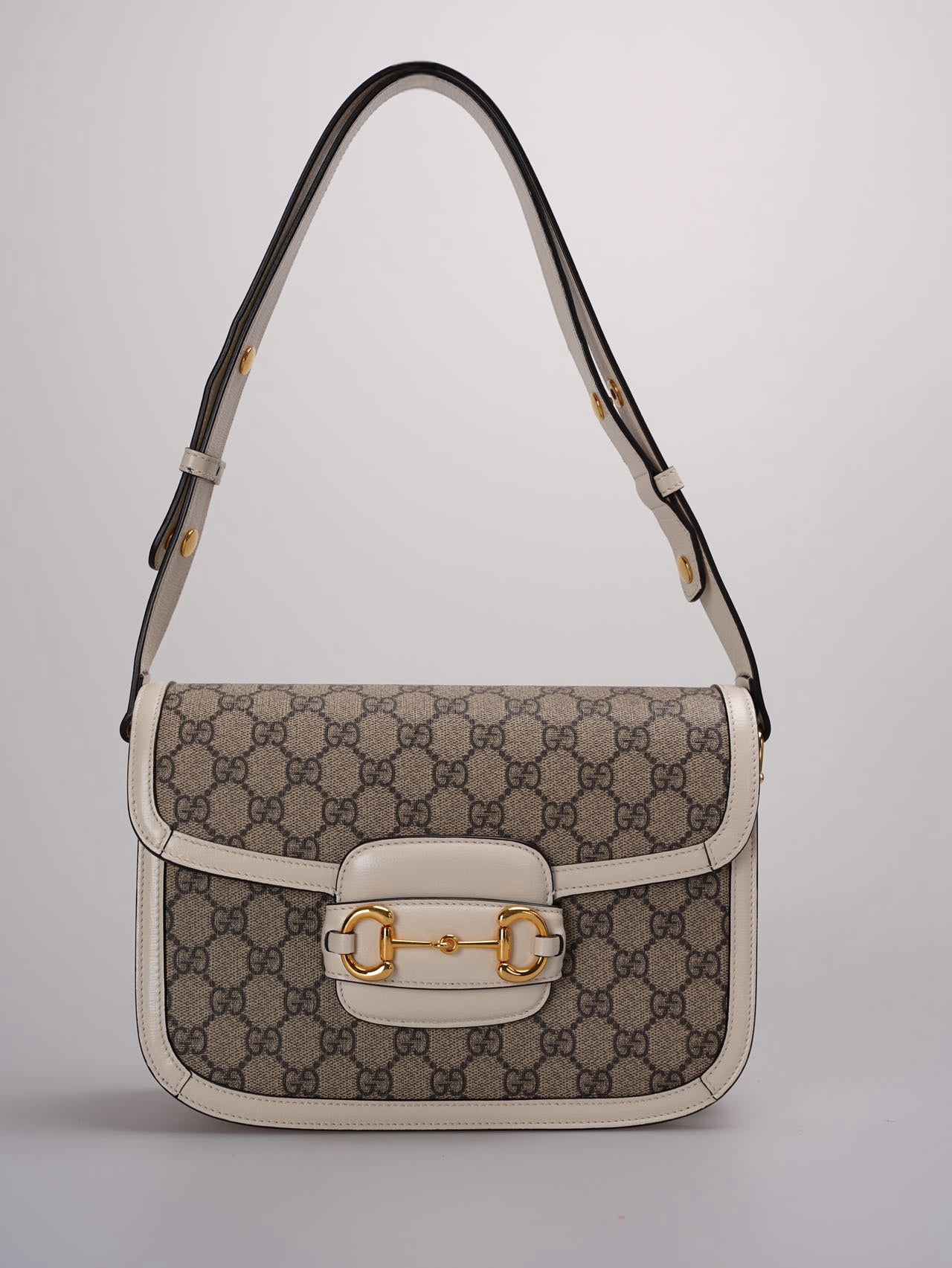 Gucci Supreme Monogram Beige Calfskin Horsebit 1955 Shoulder Bag