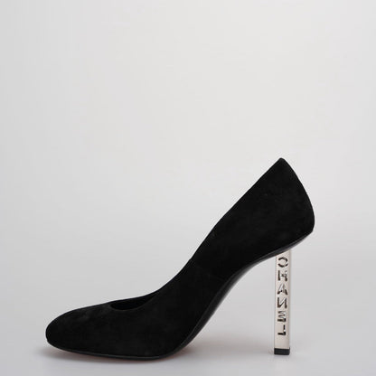 Chanel Black Suede Stilettos with Chanel Logo Engraved on Heel 36.5C