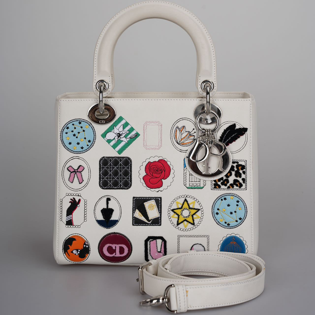 Christian Dior White Leather Lady Dior Bag Patch Embellished Medium