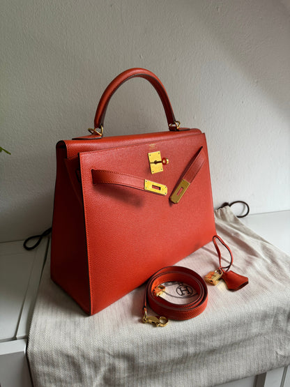 Hermes Kelly Sellier Bag 32 in Orange Epsom Leather With Gold Hardware