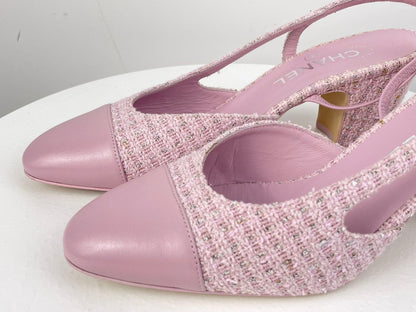 Chanel pink tweed m slingback pumps with CC logo 39