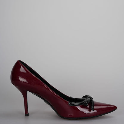 Prada Burgundy Patent Pointed Toe Bow Pumps 40