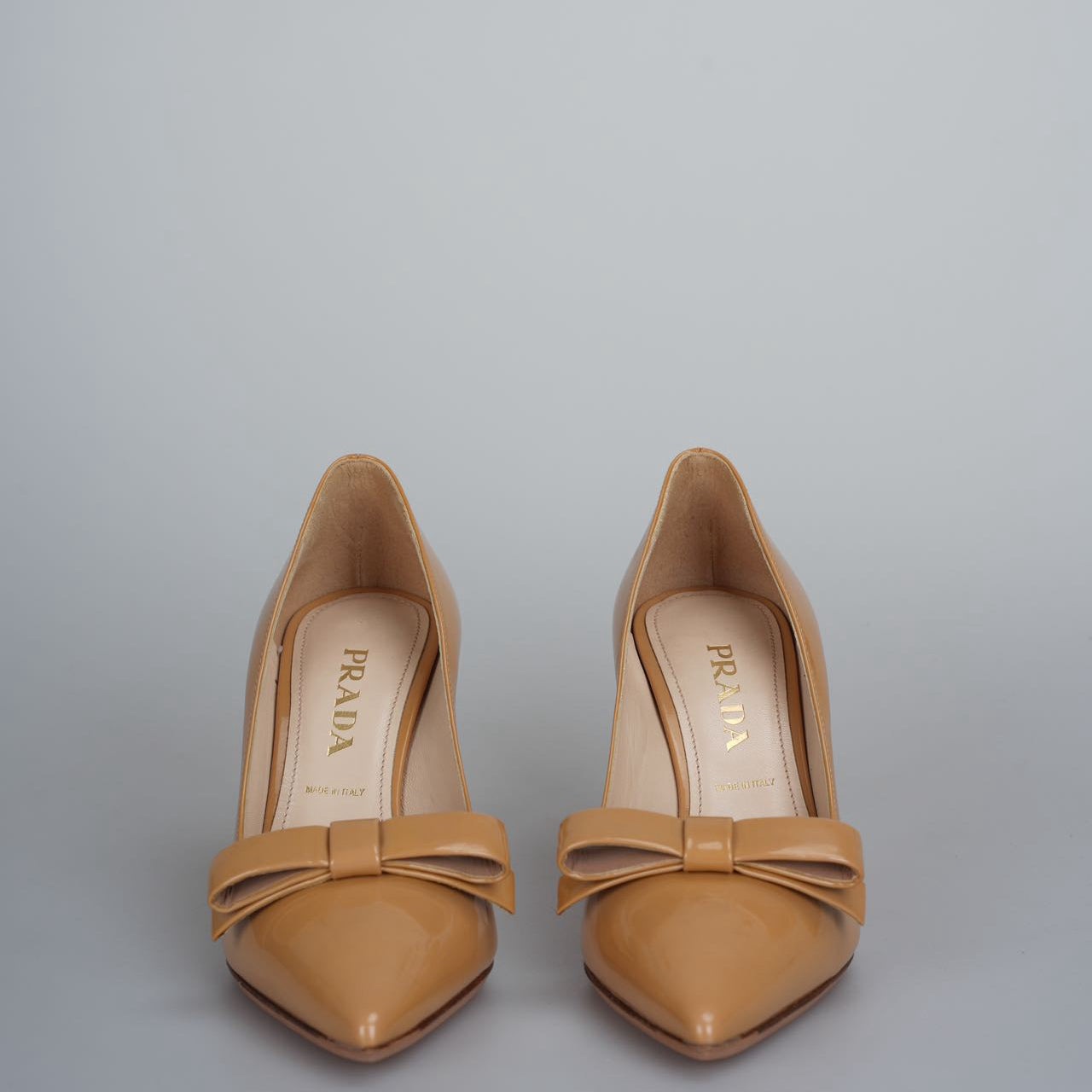 Prada Caramel Patent Leather Bow Pointed Toe Pumps Size 35.5