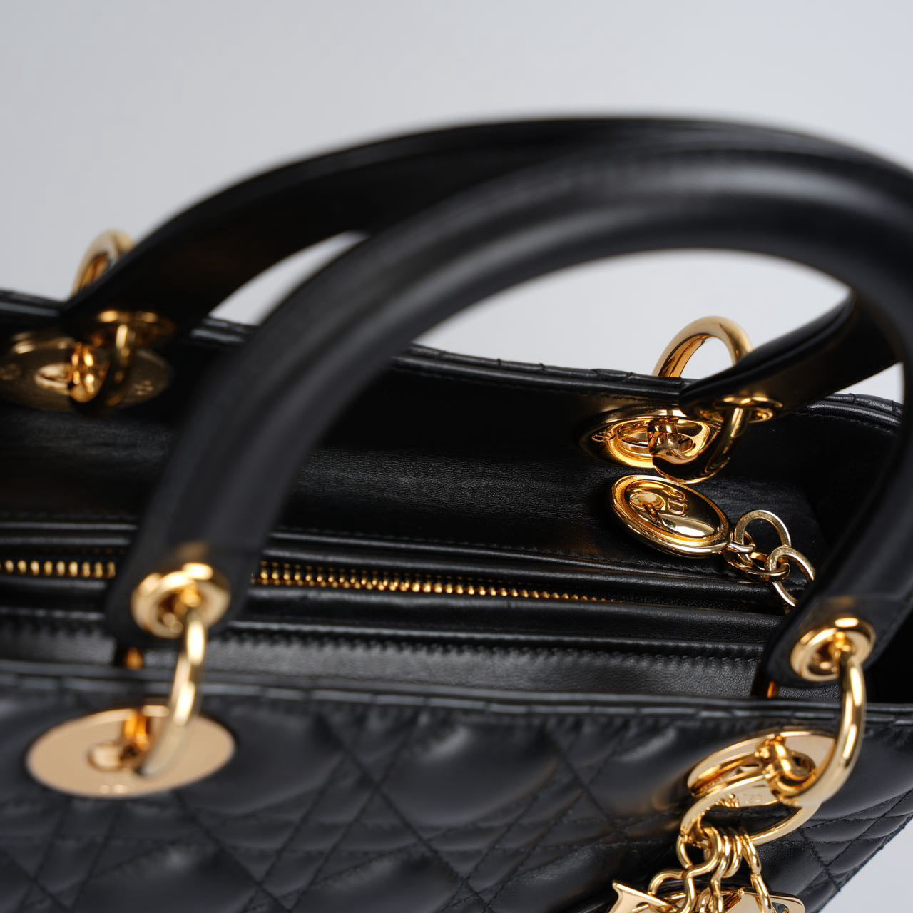 Christian Dior Black Medium Lady Dior Bag in Cannage Lambskin Leather with Gold Hardware