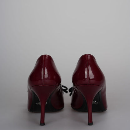 Prada Burgundy Patent Pointed Toe Bow Pumps 40