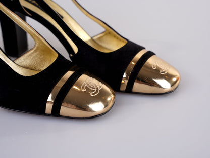 Chanel CC Slingback Heels Black Gold Size 38C