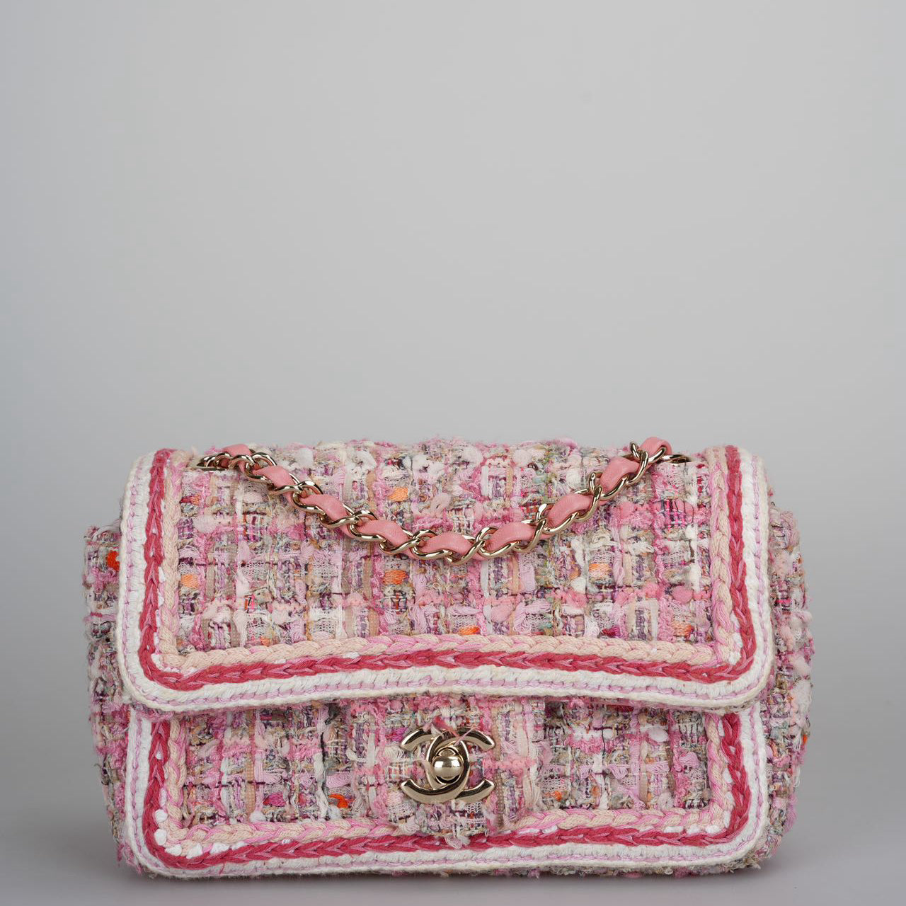 Chanel Timeless Tweed Braid Mini Flap Bag in White and Pink With Gold Hardware