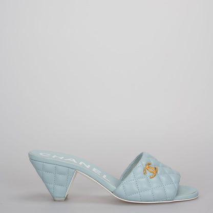 CHANEL Tiffany Blue Lambskin Quilted Textured CC Mules 38.5