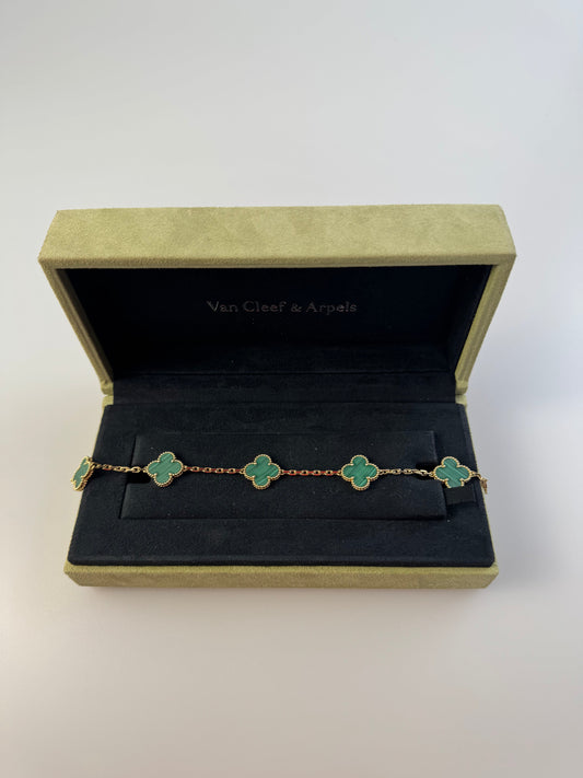 Van Cleef & Arpels Vintage Alhambra Malachite Yellow Gold 5 Motif Bracelet