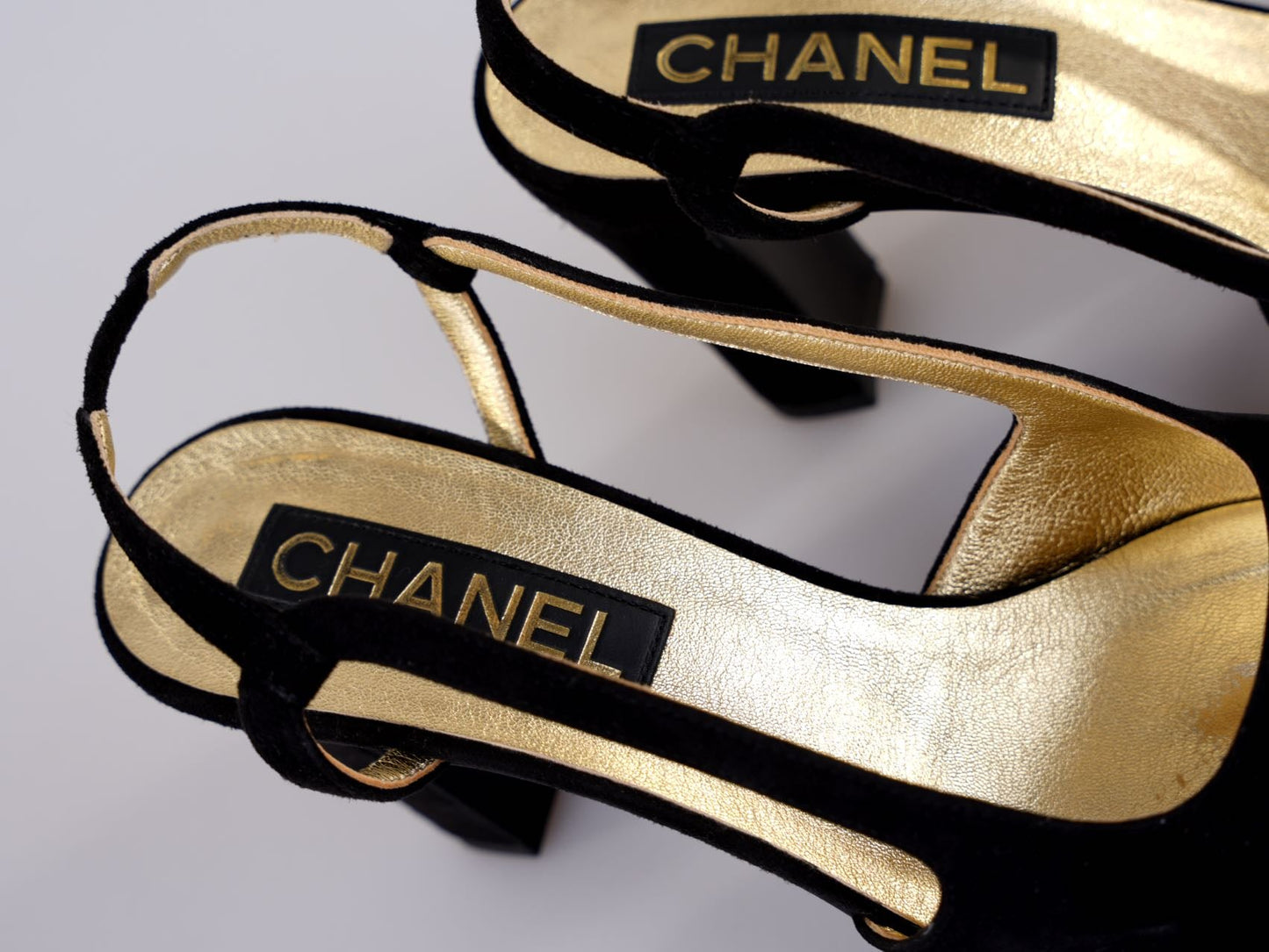 Chanel CC Slingback Heels Black Gold Size 38C