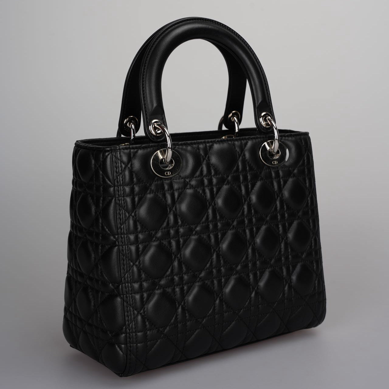 Christian Dior Black Medium Lady Dior Bag in Cannage Lambskin Leather with Silver Hardware