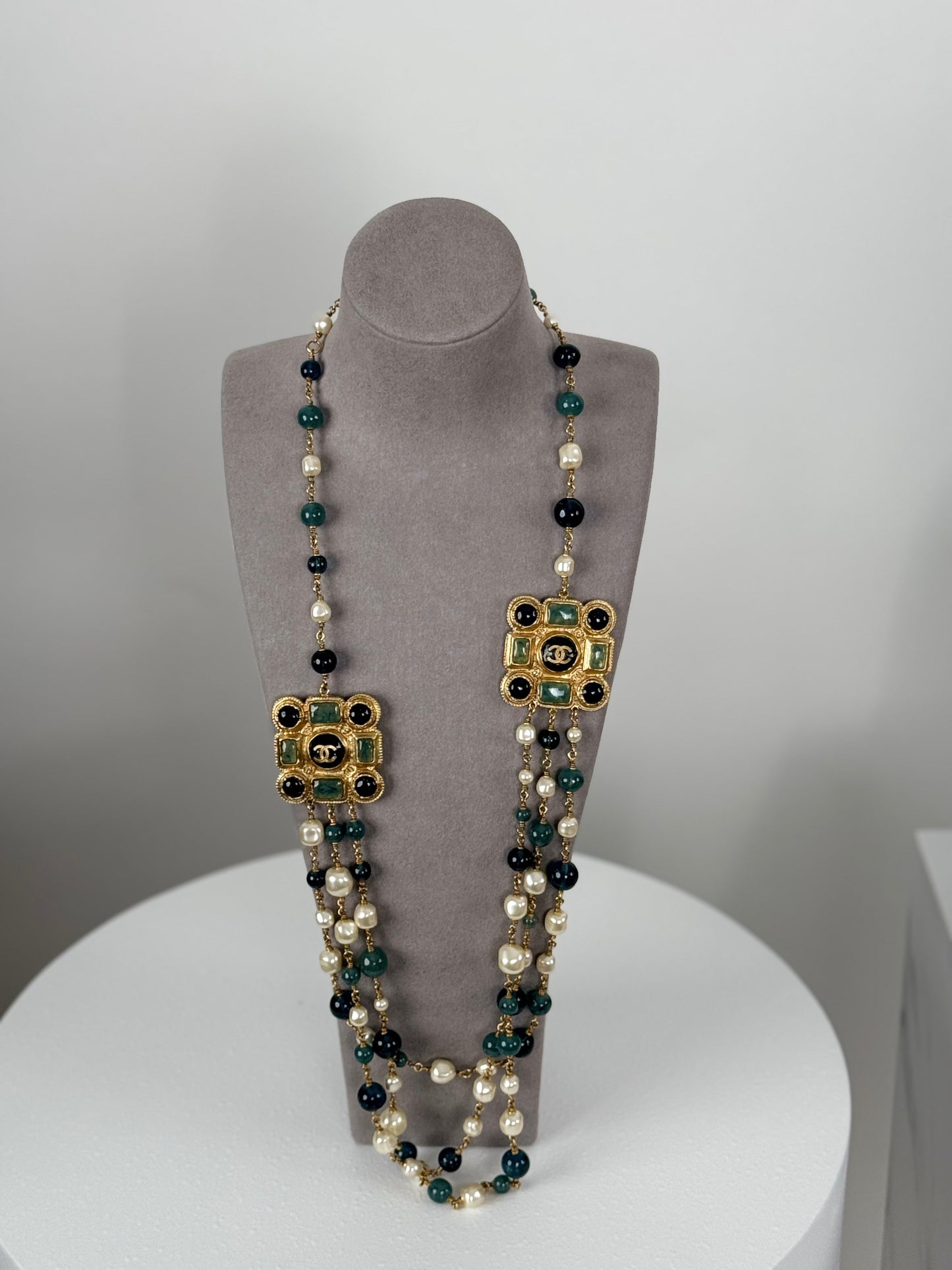 Chanel Blue and White Multi-Beads with Two Gold Cabochons Necklace from 2011 collection