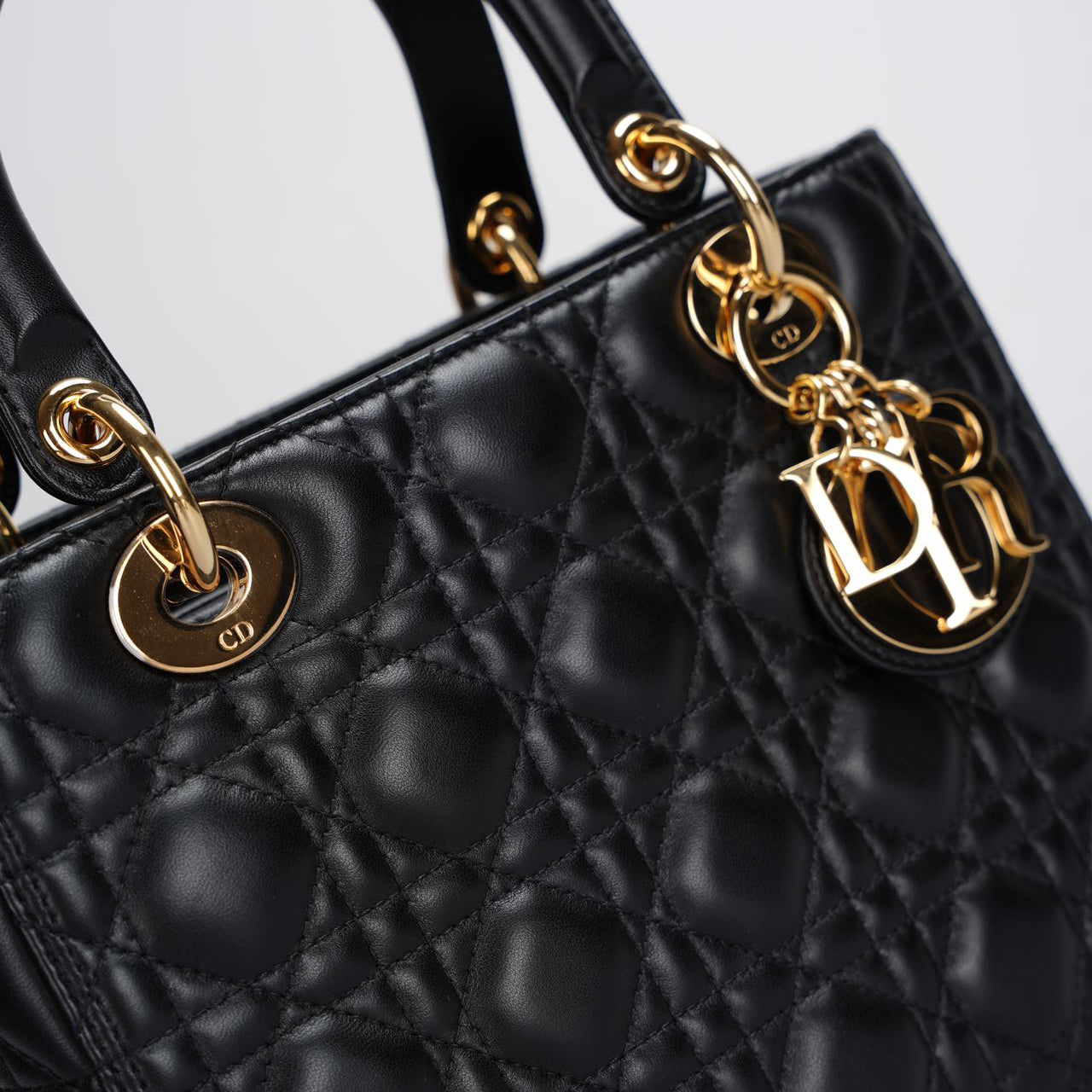 Christian Dior Black Medium Lady Dior Bag in Cannage Lambskin Leather with Gold Hardware