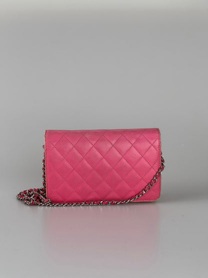 Chanel Faded Lambskin Quilted Zephyr Wallet on Chain WOC Dark Pink