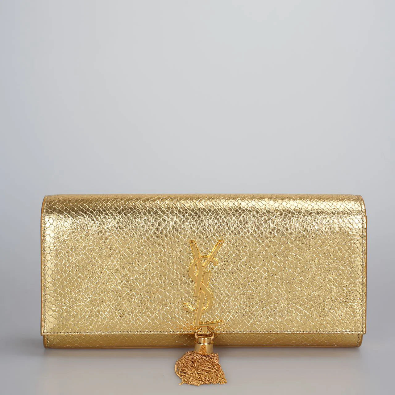 Saint Laurent Gold Metallic Calfskin Embossed Classic Monogram Tassel Clutch