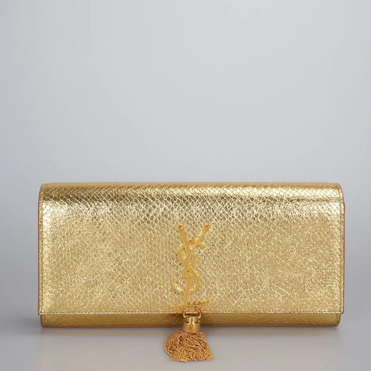 Saint Laurent Gold Metallic Calfskin Embossed Classic Monogram Tassel Clutch